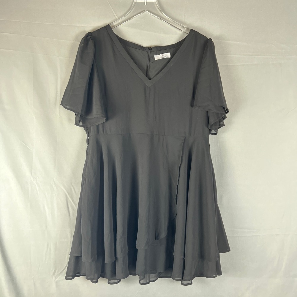 Julyclo Mini Dress Womens XL Black Tiered V Neck Back Zip Flowy Party Cocktail